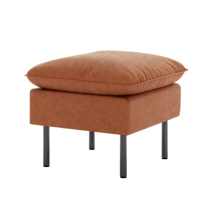 Cassian 7 Seater PU Leather Sofa Set in Mocha features a square ottoman with a thick cushion, caramel-brown upholstery, and slim black metal legs, enhancing the set's modern and timeless appeal.