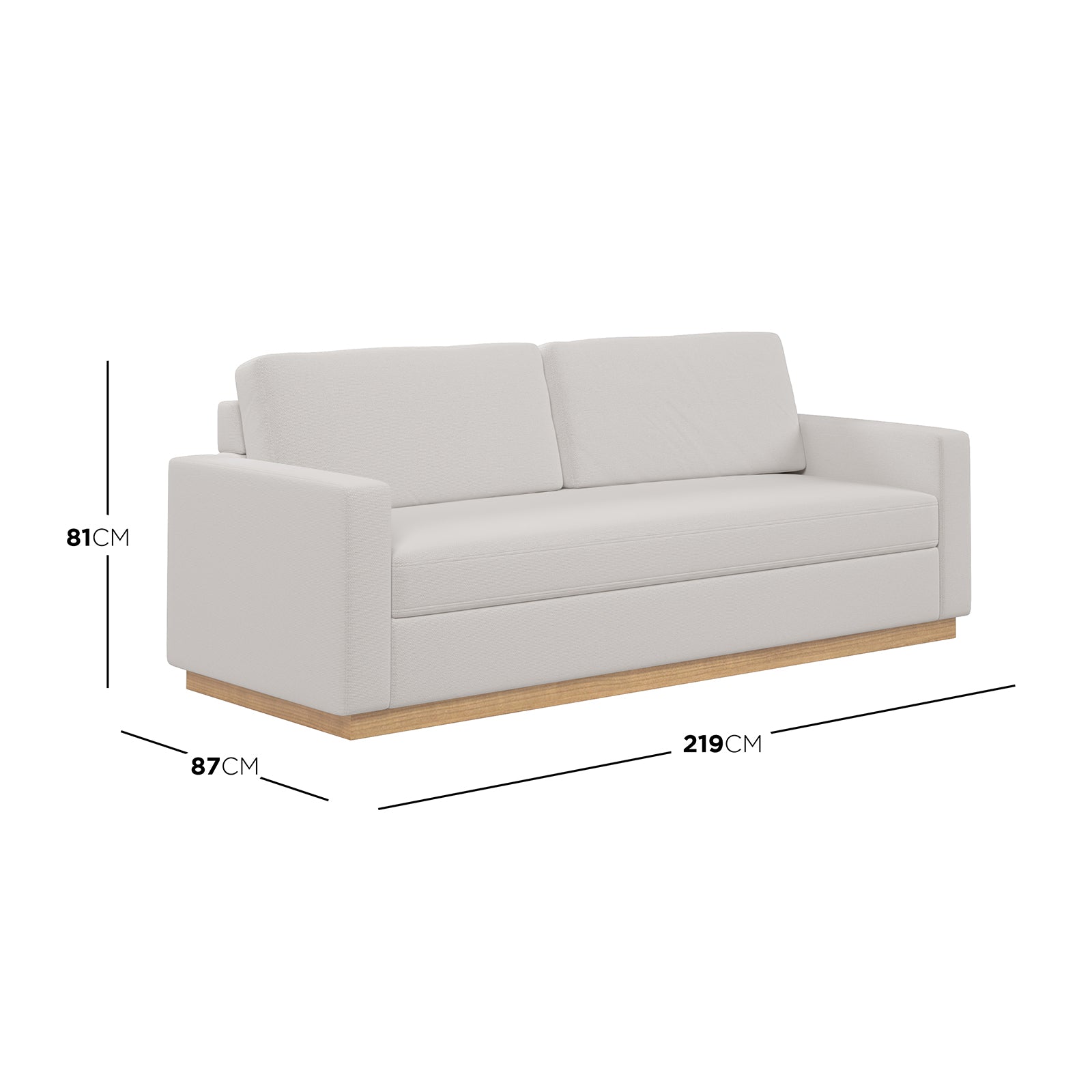 Celeste 3 Seater Hardwood Fabric Sofa, showcasing a white couch with wooden legs, emphasizing its sturdy construction, comfortable design, and modern style suitable for various home decors.