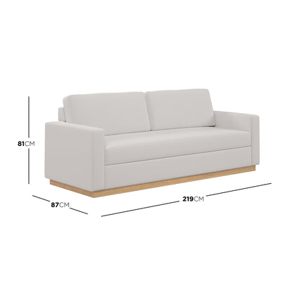 Celeste 3 Seater Hardwood Fabric Sofa, showcasing a white couch with wooden legs, emphasizing its sturdy construction, comfortable design, and modern style suitable for various home decors.