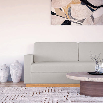 Close-up of the Celeste 3 Seater Hardwood Fabric Sofa, showcasing its eucalyptus hardwood frame, rubber wood legs, and removable cushions, emphasizing comfort and durability for a modern living room.