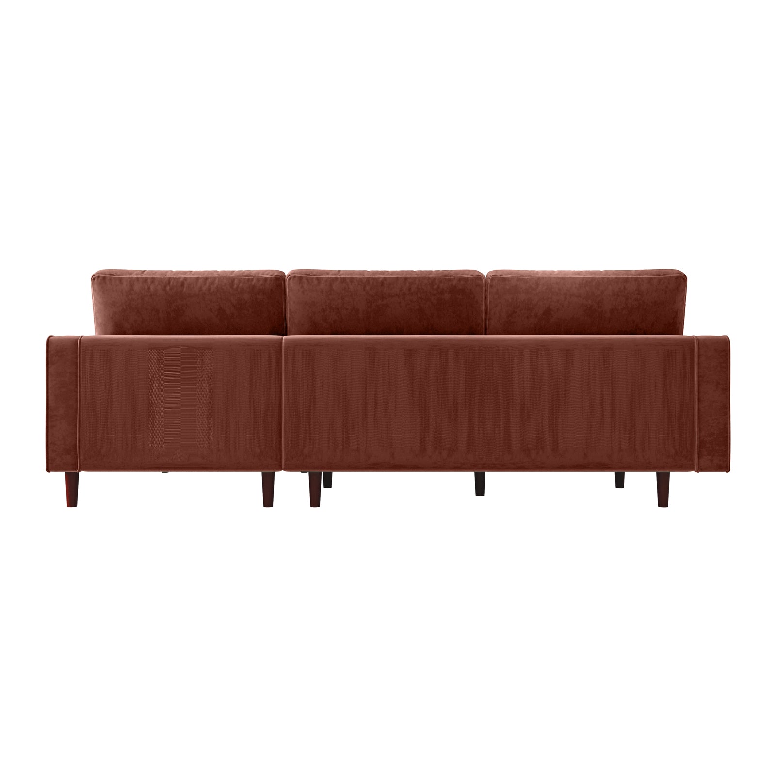 Claude 3 Seater Velvet Sofa with Chaise – Blush, showcasing a close-up of plush velvet fabric and wooden legs, highlighting its luxurious design and spacious chaise for ultimate comfort.