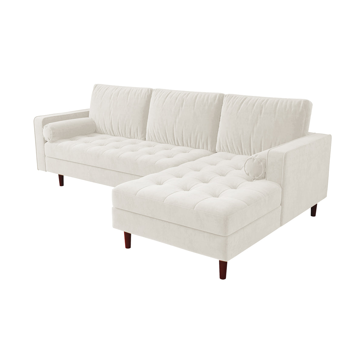 Close-up of the Claude 3 Seater Velvet Sofa with Chaise – Cream, showcasing its plush cushions and spacious chaise design, emphasizing luxurious comfort and style in a modern living room setting.