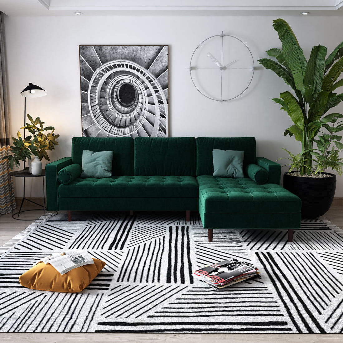 Claude 3 Seater Velvet Sofa with Chaise, styled with plush white pillows on a studio couch, showcasing a sleek design and inviting velvet fabric in an elegant indoor setting.