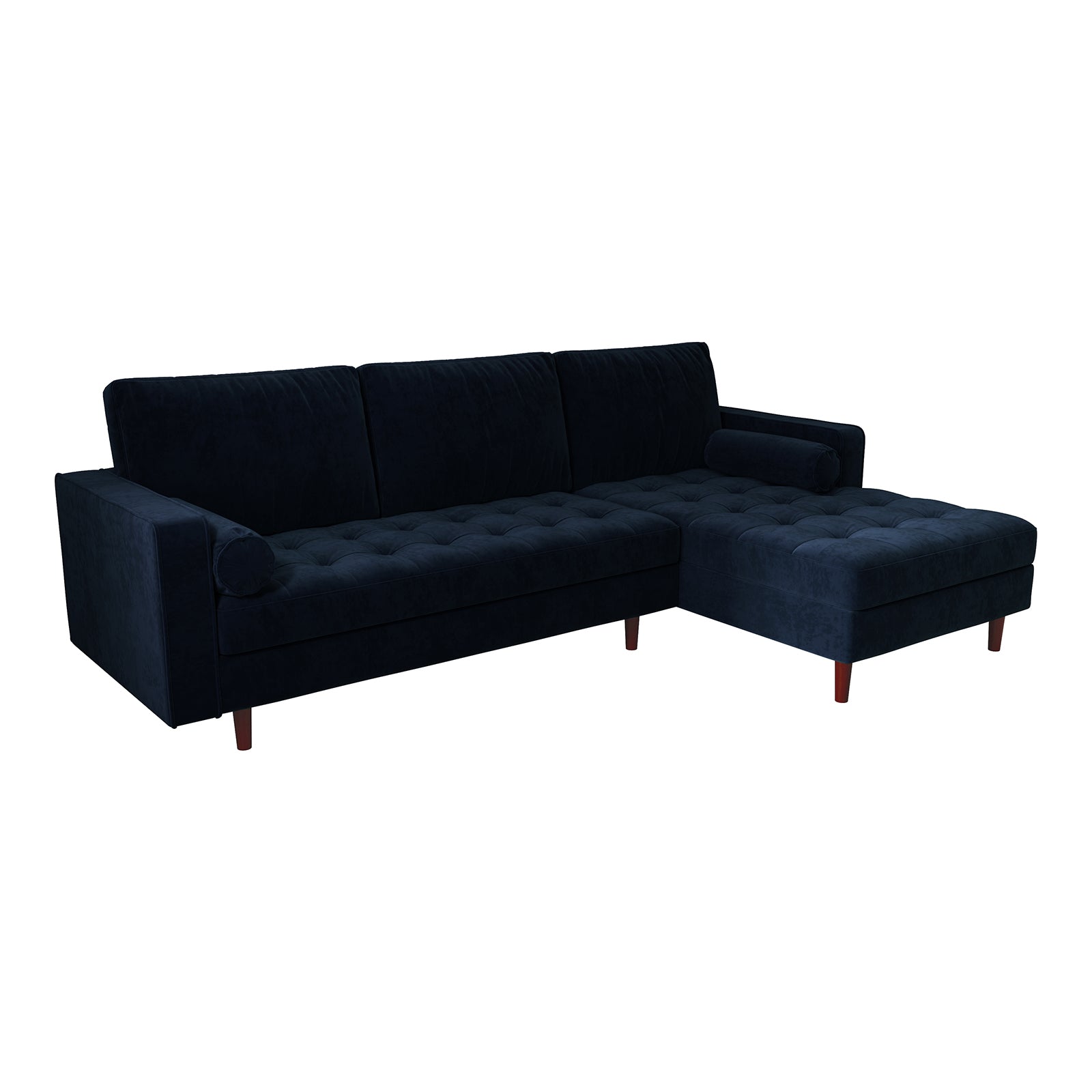 Close-up of the Claude 3 Seater Velvet Sofa with Chaise, showcasing its plush cushions and elegant design. The sofa's luxurious velvet texture and spacious chaise are highlighted.