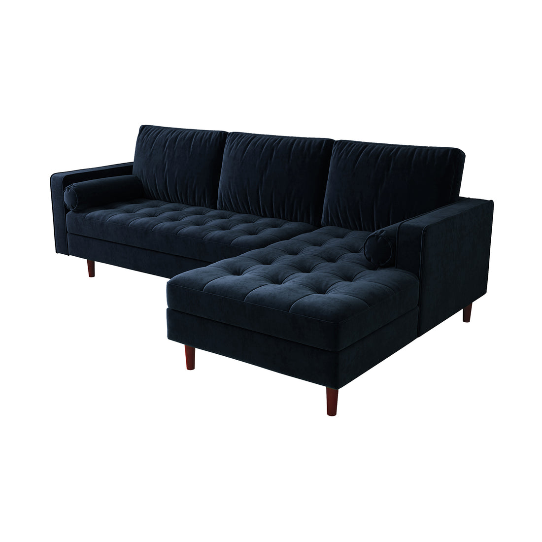 Claude 3 Seater Velvet Sofa with Chaise – Navy Blue, showcasing plush cushions and a sleek chaise design, perfect for modern living rooms, ensuring comfort and luxury with its durable construction.