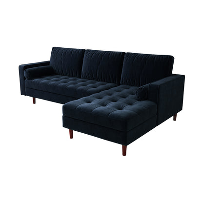 Claude 3 Seater Velvet Sofa with Chaise – Navy Blue, showcasing plush cushions and a sleek chaise design, perfect for modern living rooms, ensuring comfort and luxury with its durable construction.