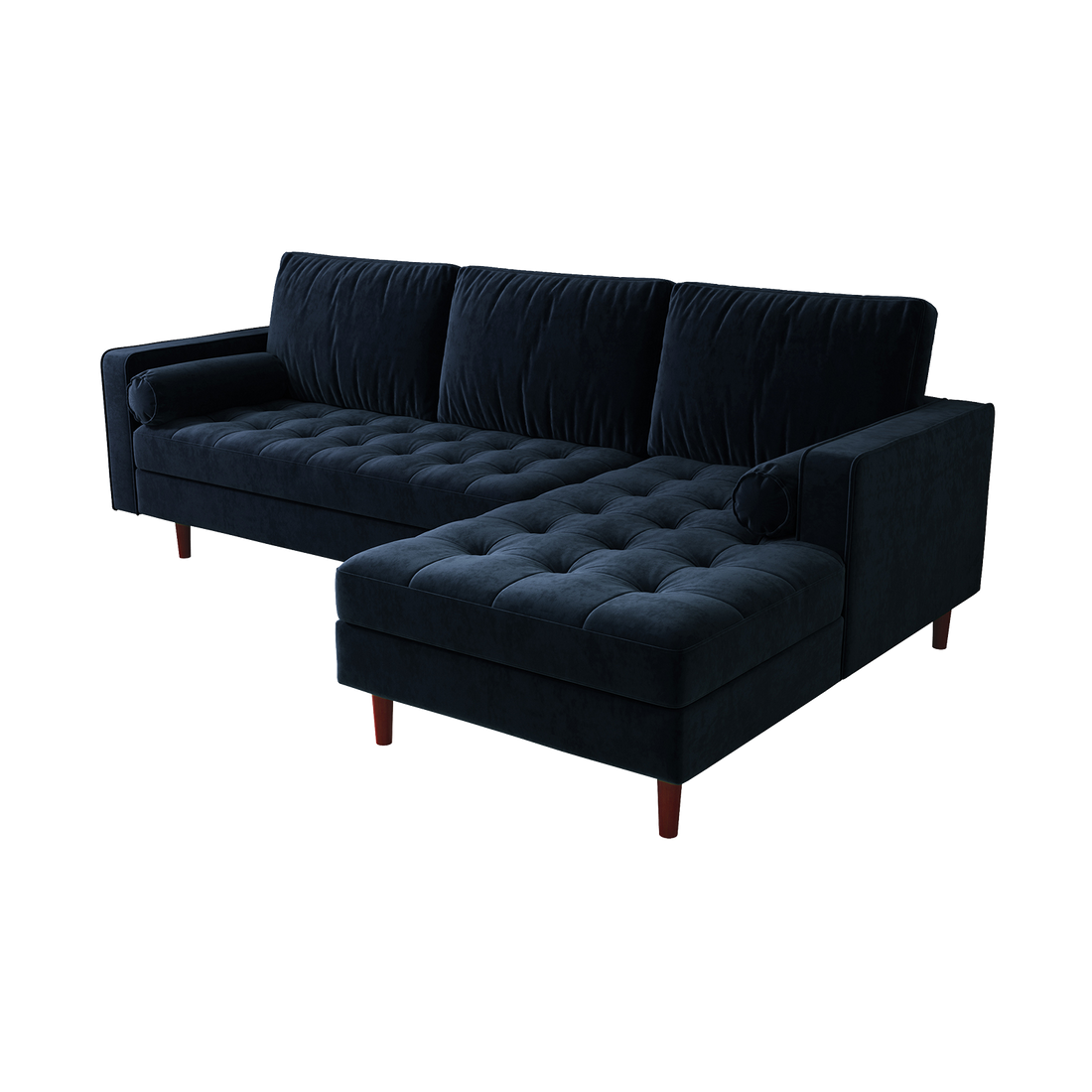 Close-up of the Claude 3 Seater Velvet Sofa with Chaise, showcasing its plush cushions and luxurious velvet upholstery, emphasizing the spacious chaise design perfect for lounging and relaxation.