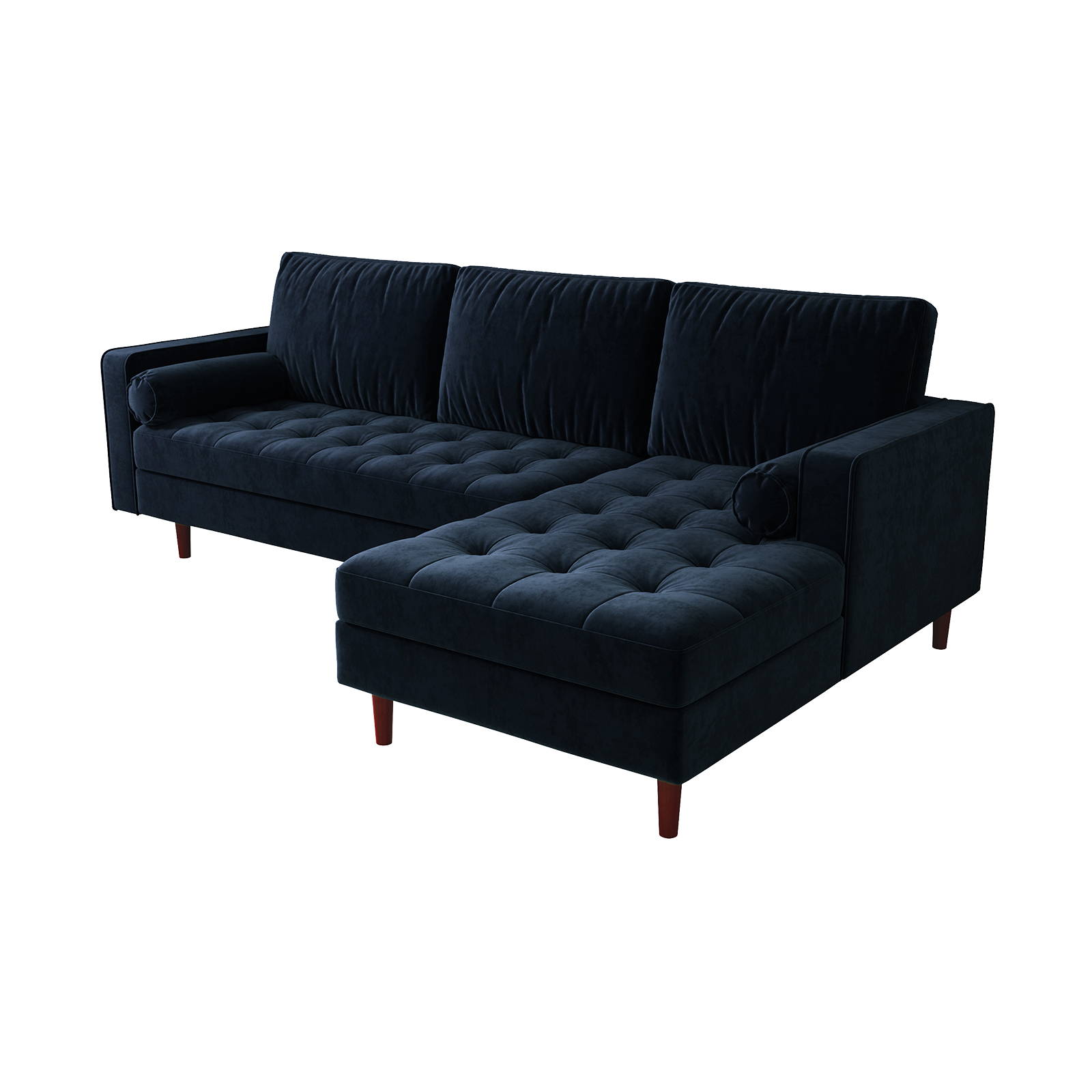 Close-up of the Claude 3 Seater Velvet Sofa with Chaise, showcasing its plush cushions and luxurious velvet upholstery, emphasizing the spacious chaise design perfect for lounging and relaxation.
