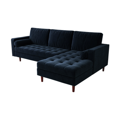Close-up of the Claude 3 Seater Velvet Sofa with Chaise, showcasing its plush cushions and luxurious velvet upholstery, emphasizing the spacious chaise design perfect for lounging and relaxation.