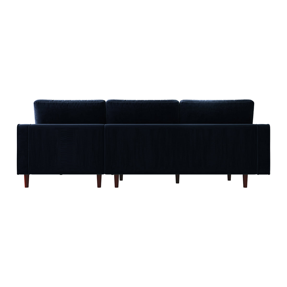 Claude 3 Seater Velvet Sofa with Chaise – Navy Blue, featuring sleek wooden legs and plush cushions, designed for modern elegance and comfort in living spaces.