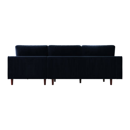 Claude 3 Seater Velvet Sofa with Chaise – Navy Blue, featuring sleek wooden legs and plush cushions, designed for modern elegance and comfort in living spaces.