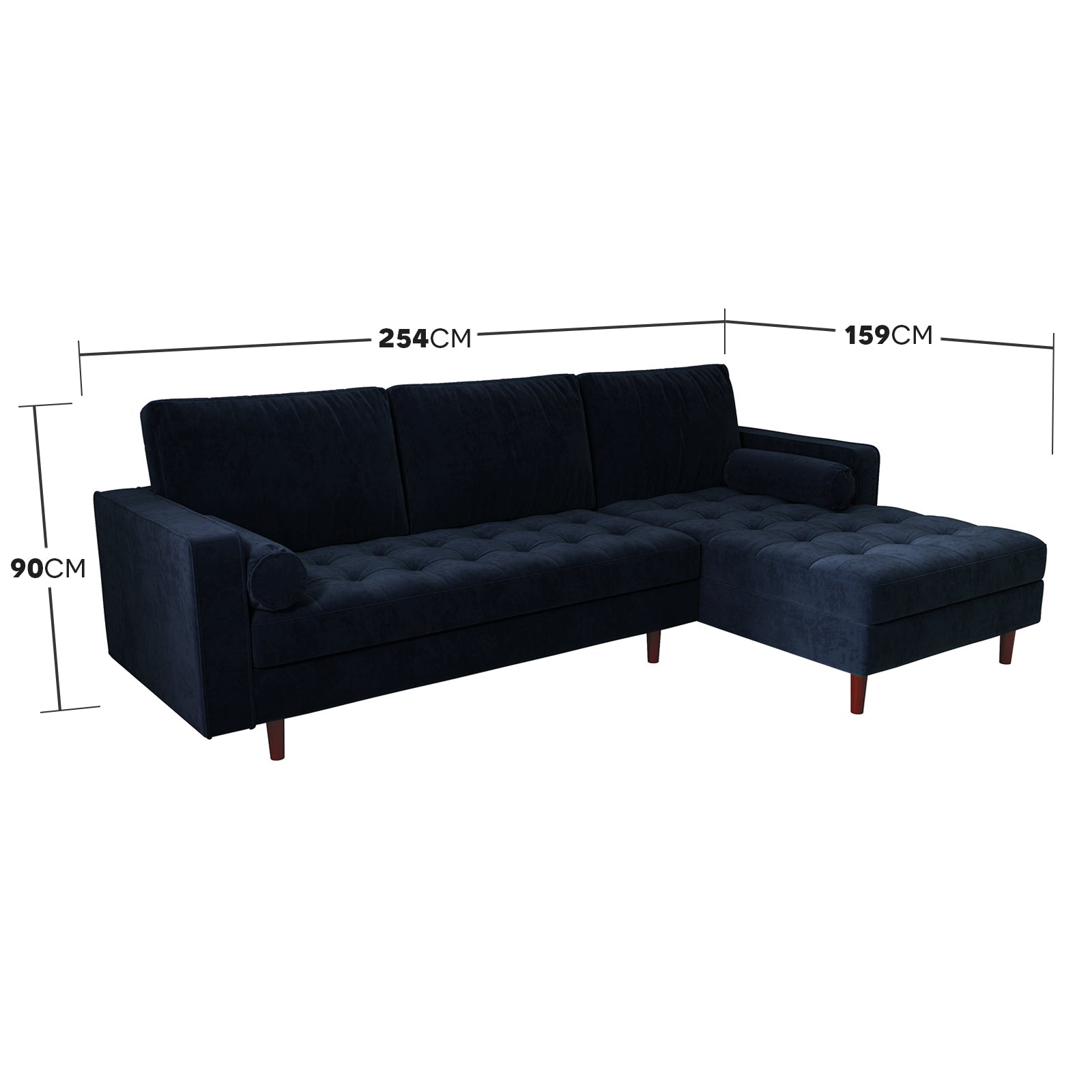 Close-up of the Claude 3 Seater Velvet Sofa with Chaise, highlighting its plush cushions, sleek design, and sturdy wood frame, emphasizing its luxurious and comfortable seating.