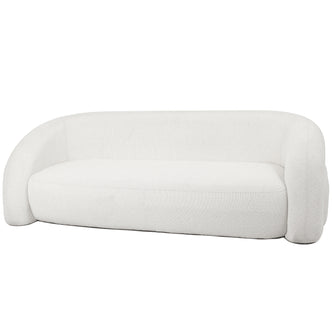 Clioz 3 Seater Curved Boucle Sofa in Eggshell White features a sleek, continuous back and armrest design with textured fabric, highlighting its sculptural, modern elegance and inviting comfort.