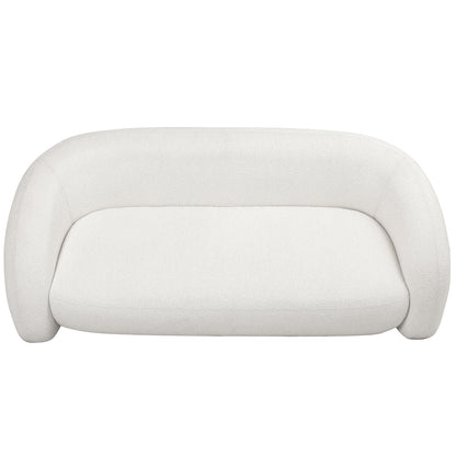 Clioz 3 Seater Curved Boucle Sofa in Eggshell White features a sculptural, low-profile design with a single seat cushion and rounded arms, upholstered in textured bouclé fabric for a modern, inviting look.