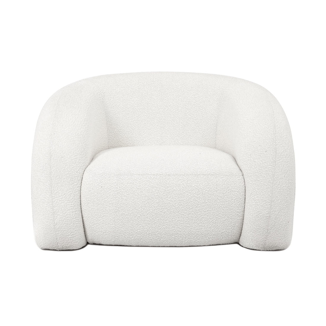 Clioz Boucle Accent Armchair - Eggshell White features a close-up of its plush boucle fabric upholstery with high-density foam cushions, showcasing its textured surface and solid frame for durable comfort.