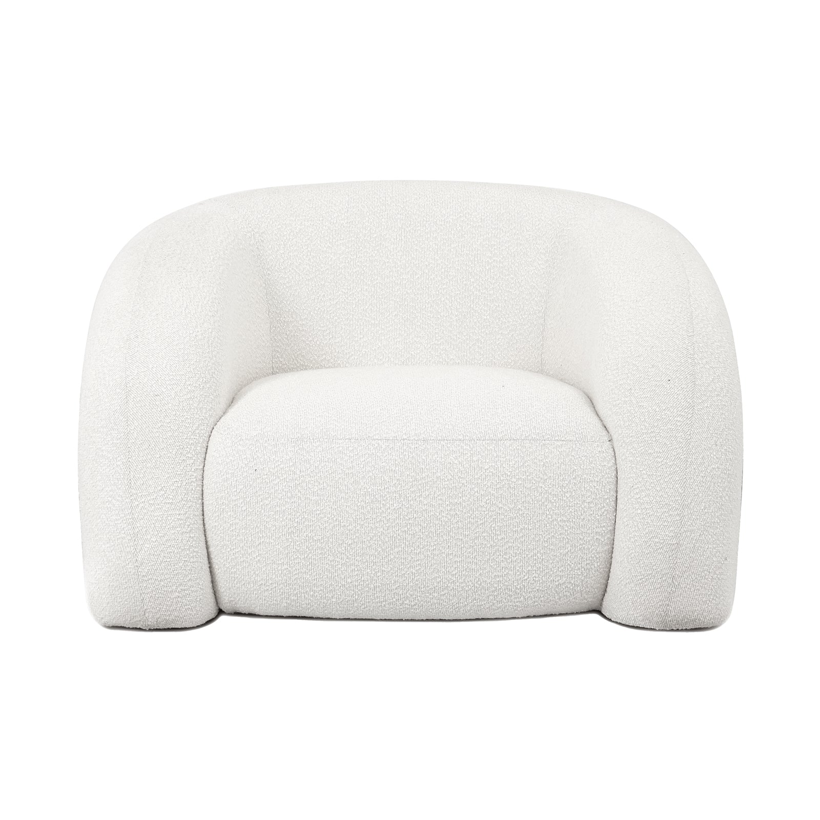 Clioz Boucle Accent Armchair - Eggshell White features a close-up of its plush boucle fabric upholstery with high-density foam cushions, showcasing its textured surface and solid frame for durable comfort.