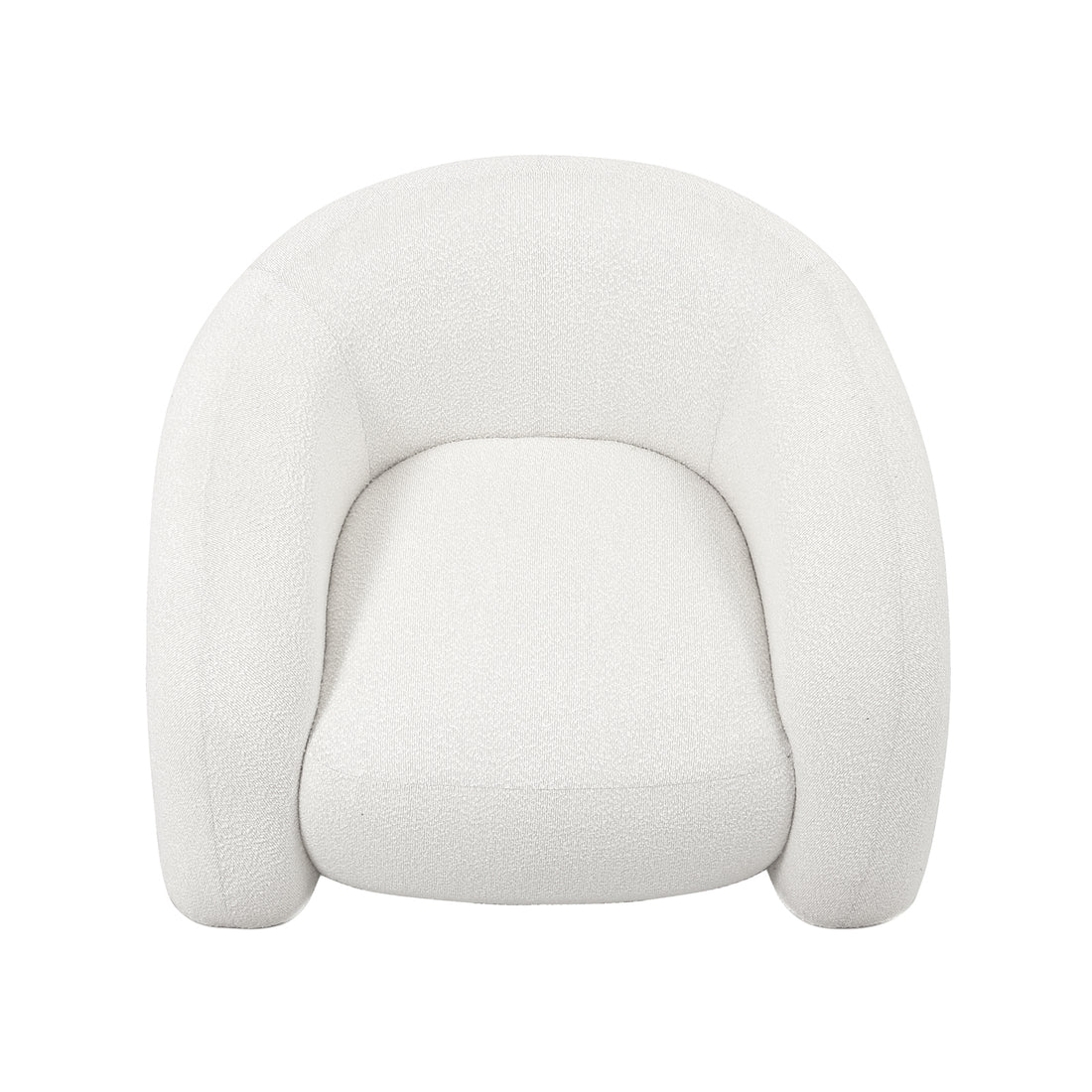 Clioz Boucle Accent Armchair in Eggshell White featuring a curved back and seat, upholstered in plush boucle fabric, showcasing its mid-century design ideal for modern interiors.