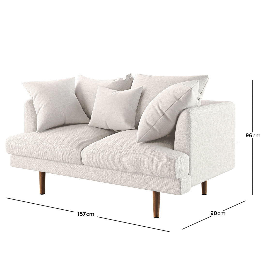 Colton 5-Seater Fabric Sofa in Cream White: Modern two-seater loveseat in light-beige fabric, with four tapered wooden legs and loose cushions, measuring 157 cm wide, ideal for stylish, coordinated living spaces.