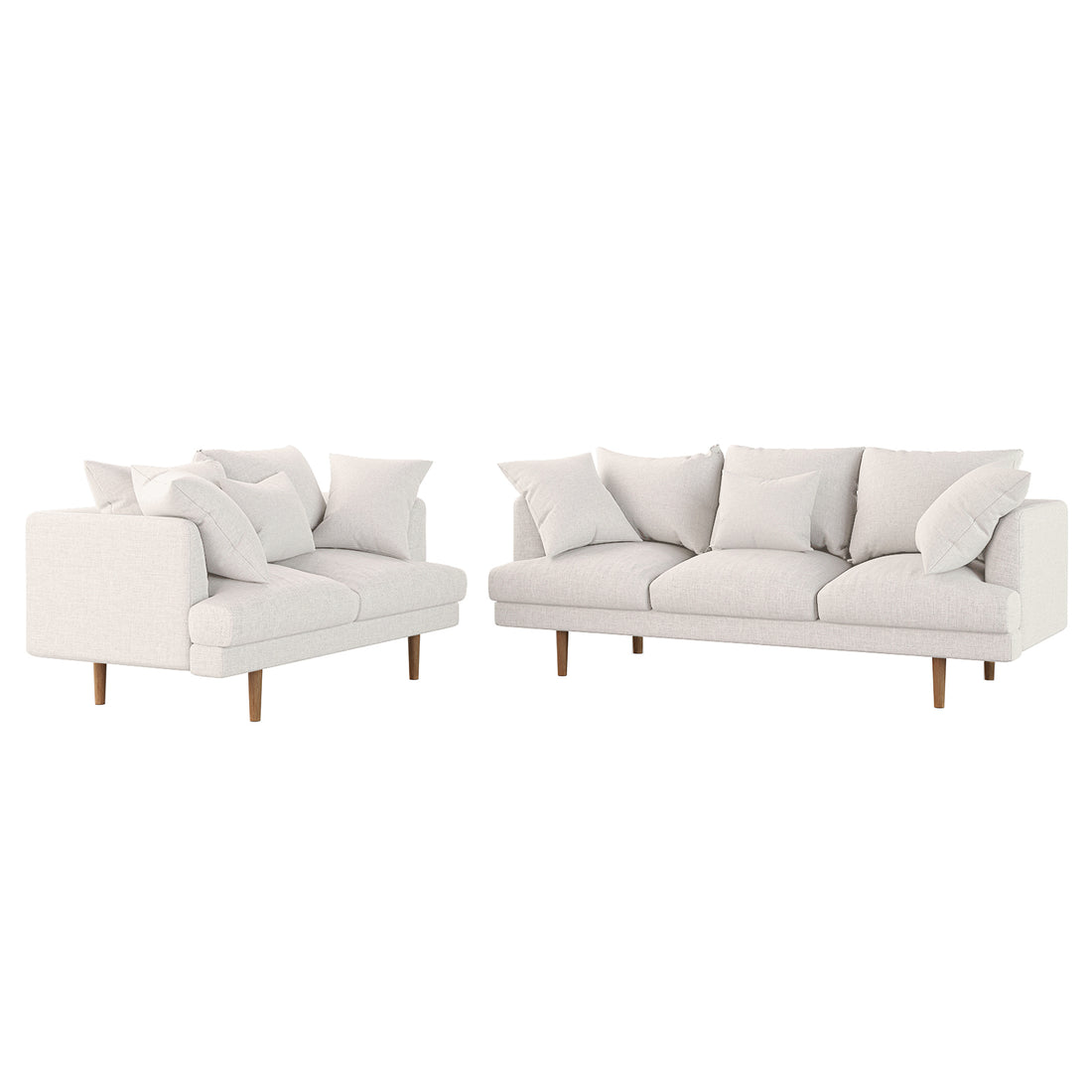 Colton Living Room Package in Cream White featuring two modern sofas, a two-seater and a three-seater, upholstered in off-white fabric with wooden legs and matching cushions.