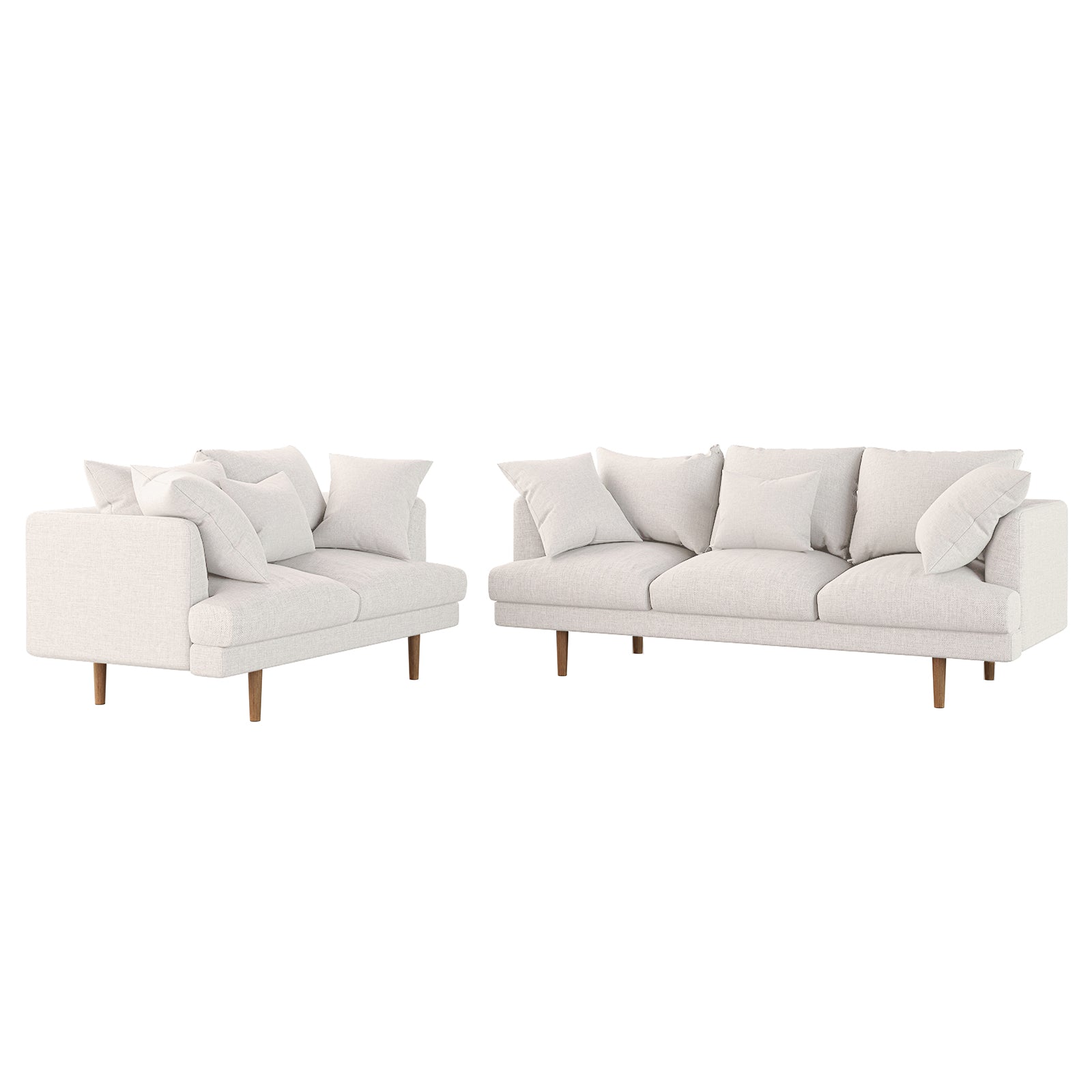 Colton Living Room Package in Cream White featuring two modern sofas, a two-seater and a three-seater, upholstered in off-white fabric with wooden legs and matching cushions.