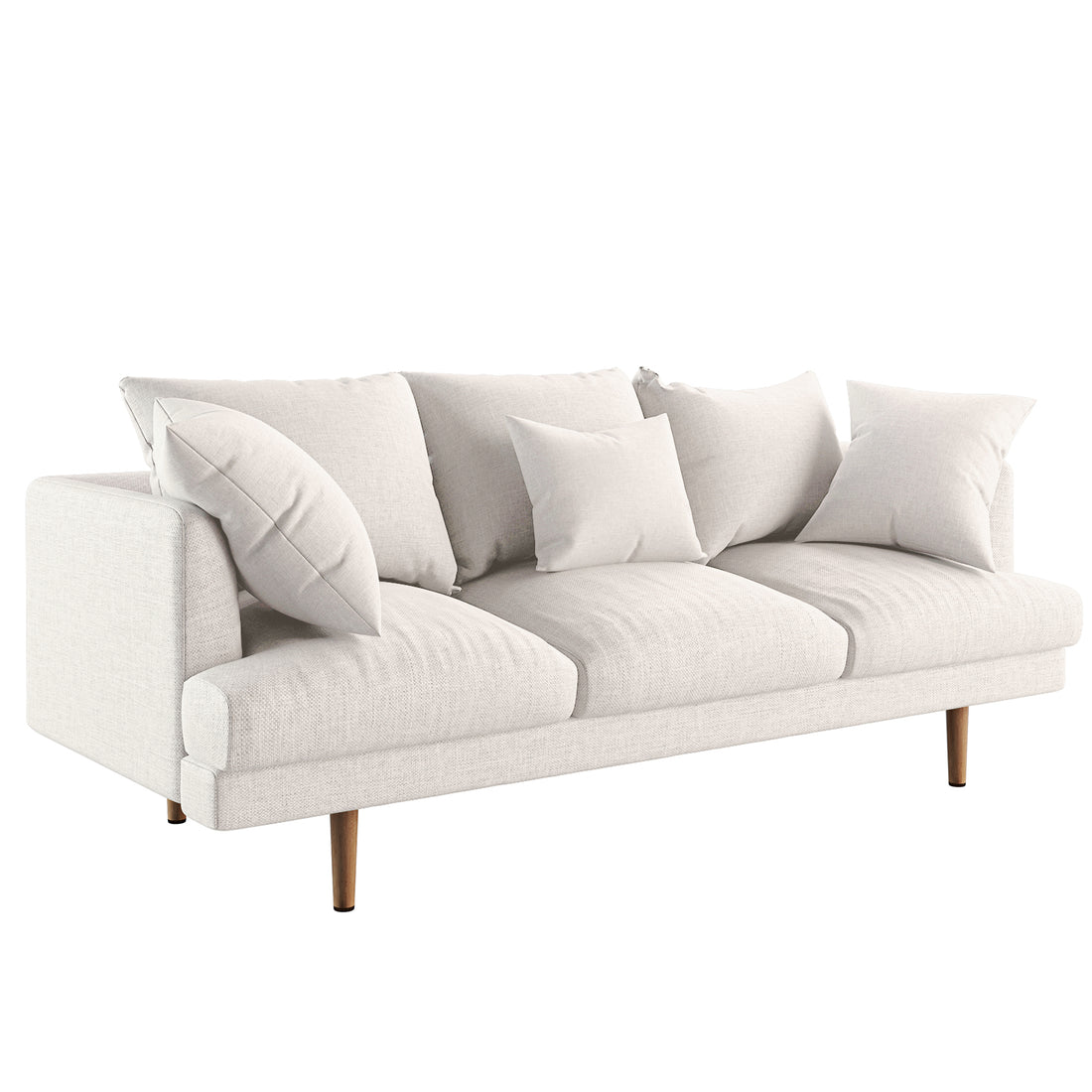 Cream white Colton Living Room Package featuring a modern three-seat sofa with loose cushions, five varied pillows, low wooden legs, and a single left armrest, ideal for contemporary spaces.