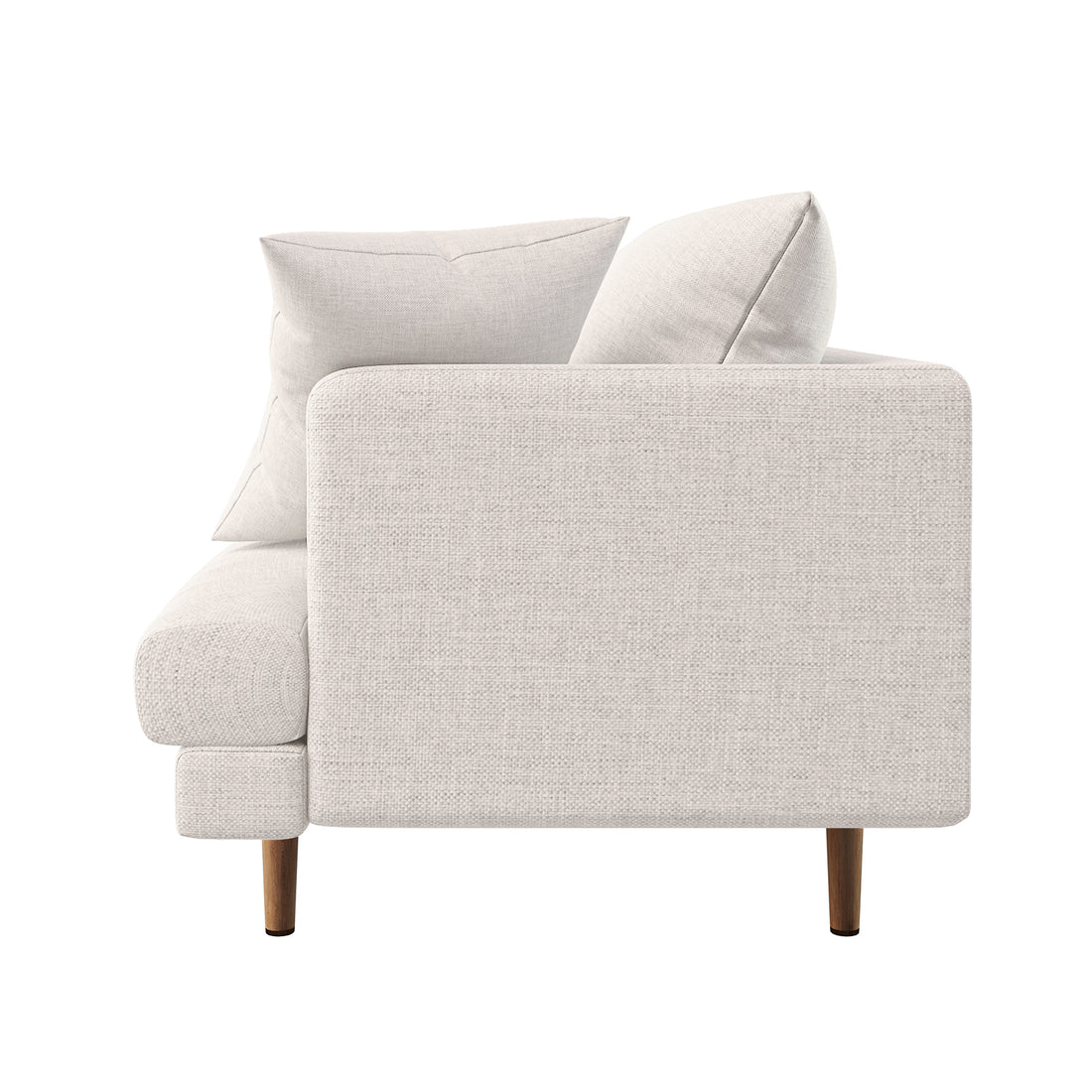 Side view of the Colton Living Room Package in Cream White, showcasing a modern two-seat sofa with light-beige woven fabric, matching cushions, and slender wooden legs for a mid-century-inspired aesthetic.