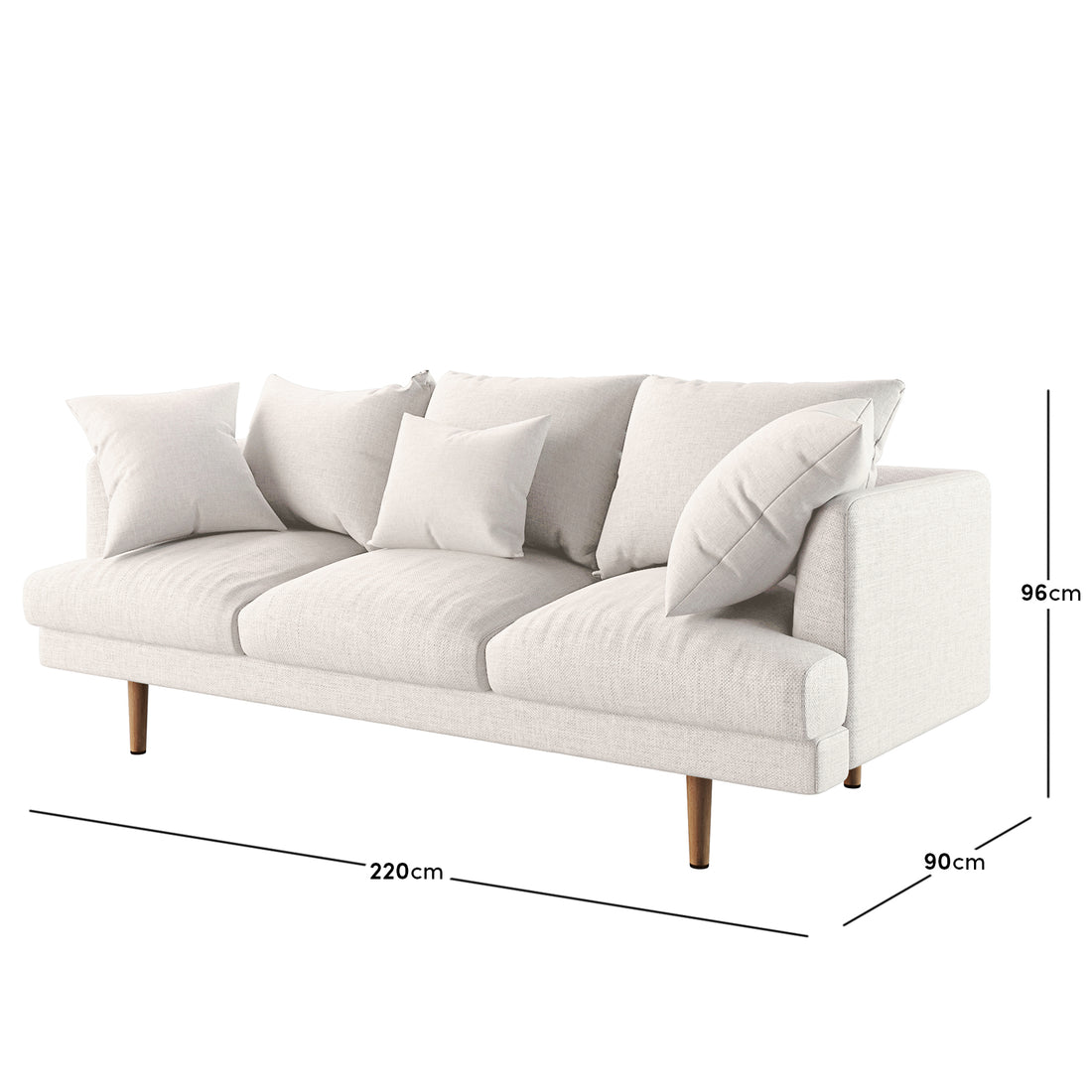 Colton Living Room Package in Cream White: Three-seat upholstered sofa with loose cushions on tapered wooden legs, measuring 220 cm wide, 90 cm deep, 96 cm high.