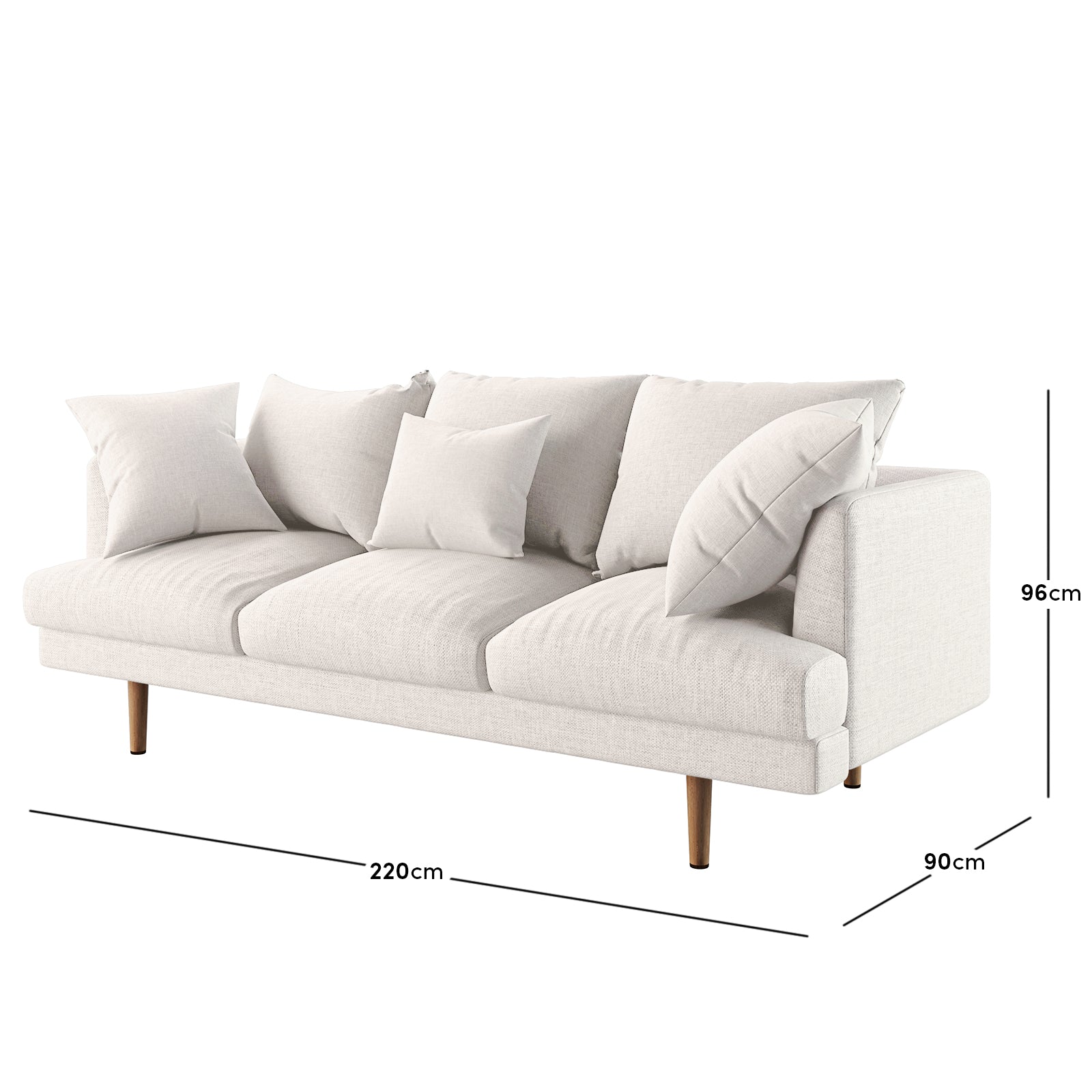 Colton Living Room Package in Cream White: Three-seat upholstered sofa with loose cushions on tapered wooden legs, measuring 220 cm wide, 90 cm deep, 96 cm high.