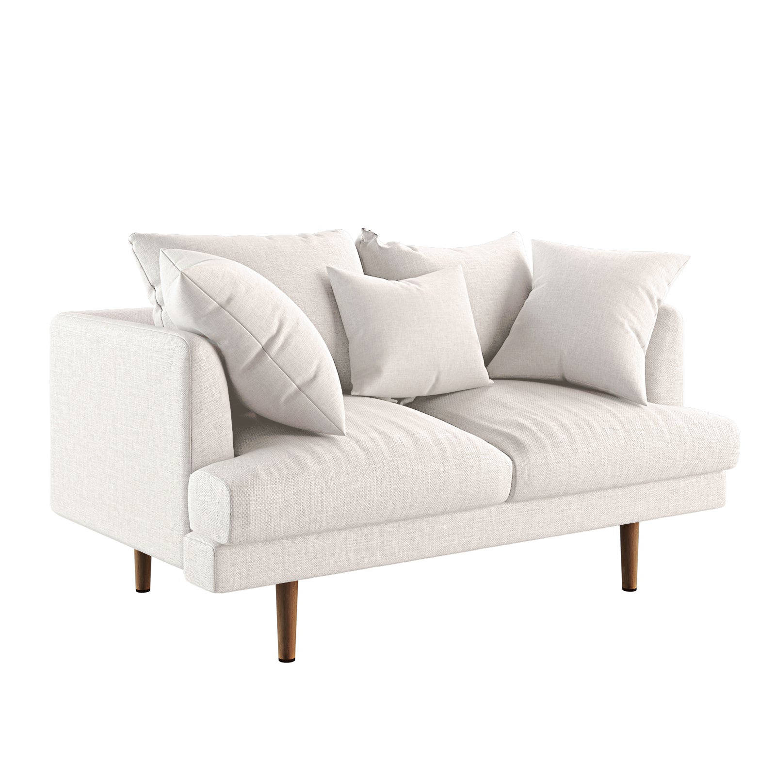 The Colton Living Room Package in Cream White features a modern two-seat upholstered loveseat with slim wooden legs and five matching throw pillows, embodying contemporary elegance for lounge spaces.