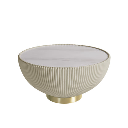 Colton Living Room Package in Cream White features a modern, half-sphere coffee table with a ribbed exterior and marble-look top, complemented by a brass-tone base, ideal for elegant interiors.