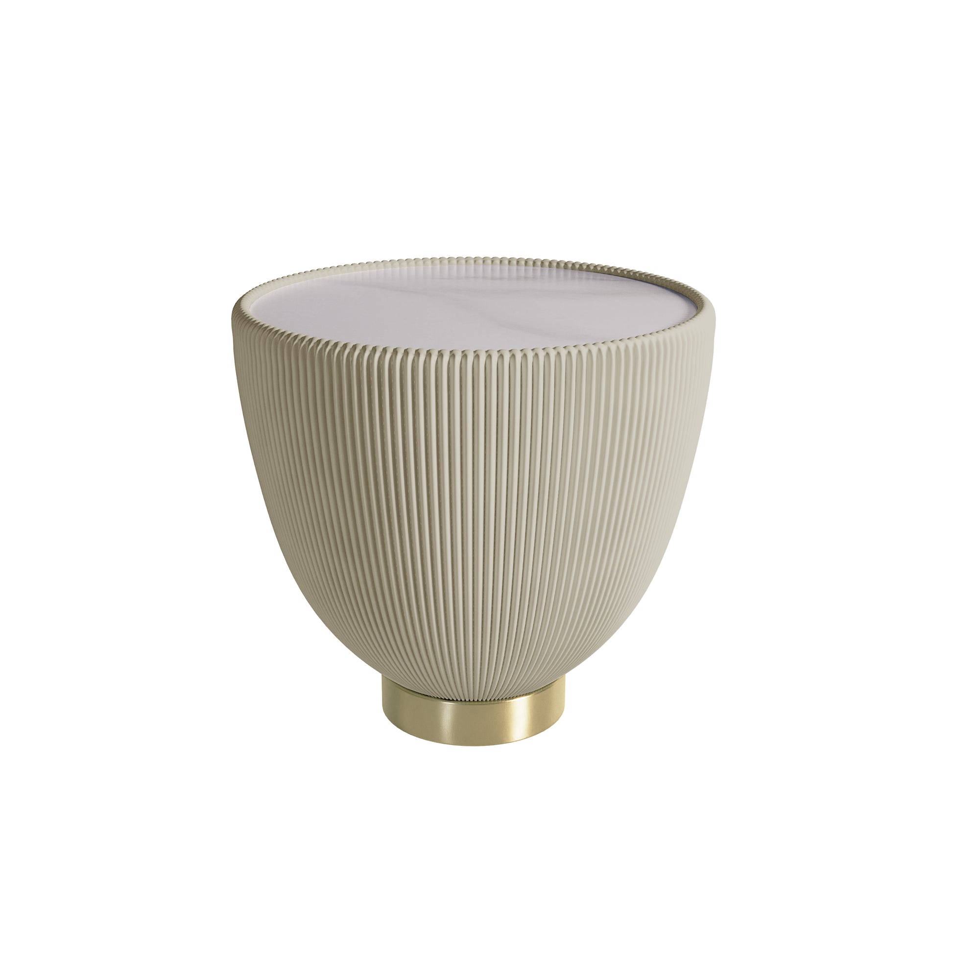 Cream-colored, vertically ribbed, bowl-shaped planter with smooth top, on a narrow gold base; part of the Colton Living Room Package in Cream White, embodying minimalist, mid-century style.