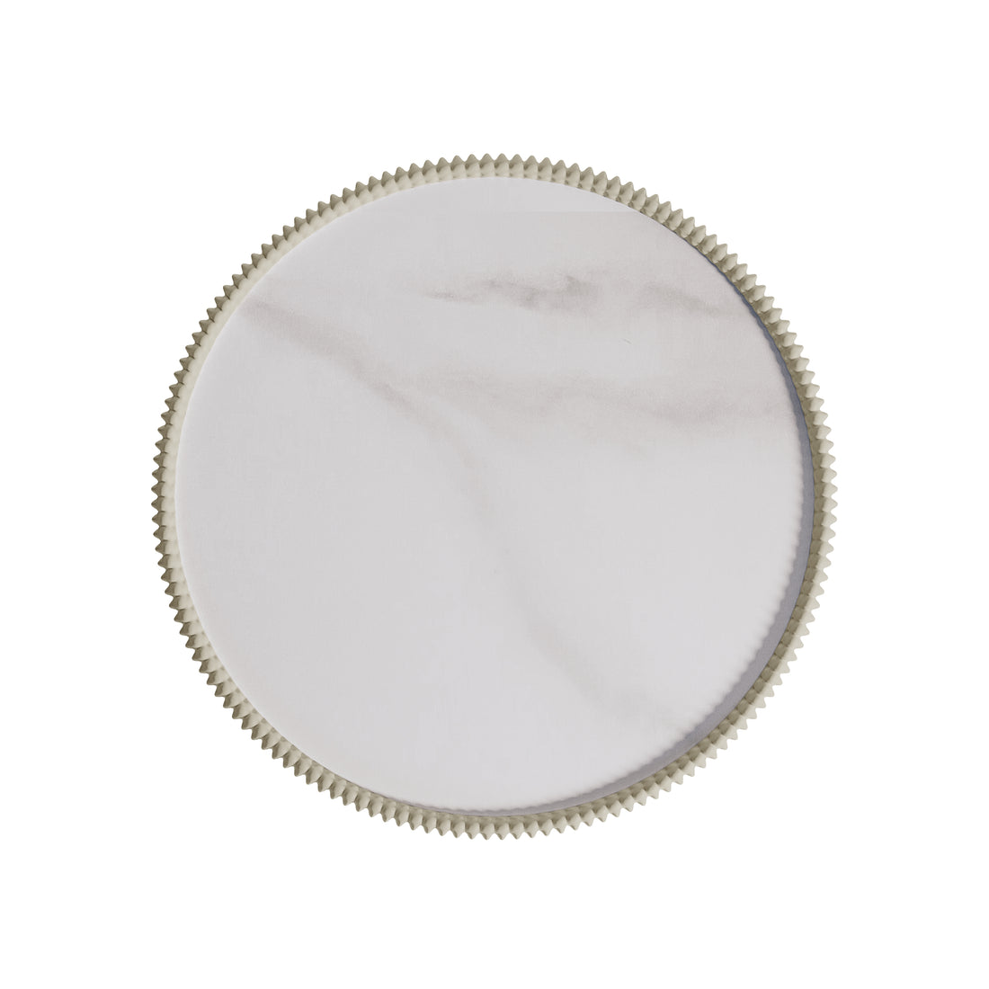 Colton Living Room Package in Cream White; features a single round white disk with a smooth center and scalloped edge, symbolizing the collection's sleek, contemporary design.