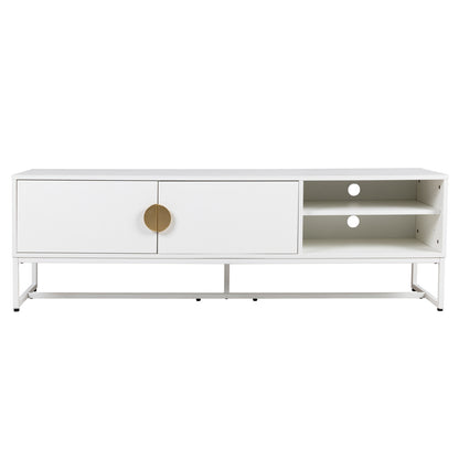 Colton Living Room Package in Cream White: Modern TV stand with white finish, brass-tone handles, two cabinets, and open shelves for cable management, on a sleek white metal frame.