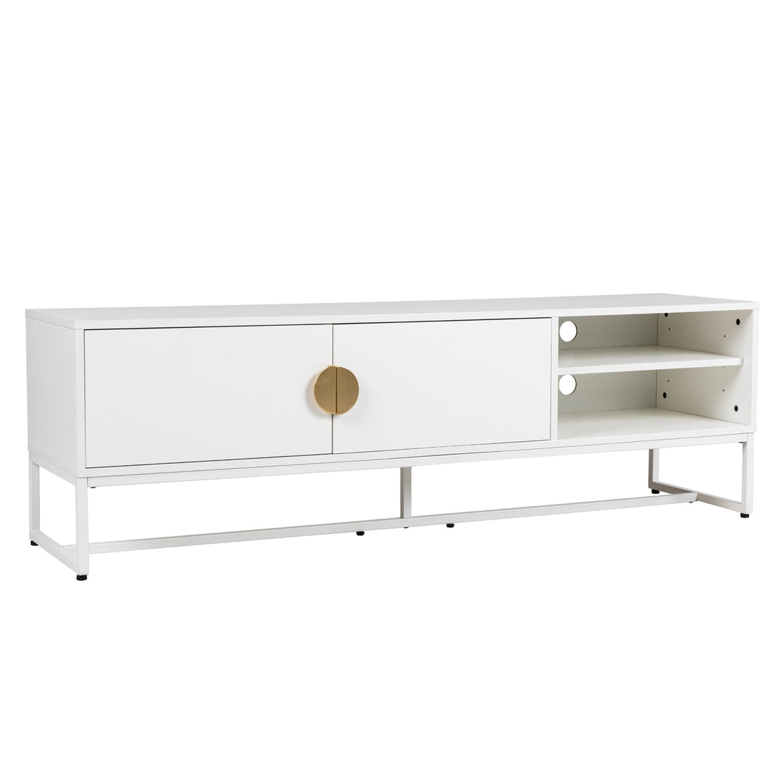 Colton Living Room Package in Cream White features a sleek, matte white TV stand with brass knob cabinets and open shelves on a white metal frame, enhancing modern decor.