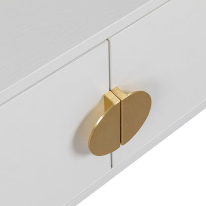Close-up of Colton Living Room Package in Cream White, showcasing a white wooden cabinet with a brushed-gold half-oval handle, highlighting the elegant blend of modern design and functionality.