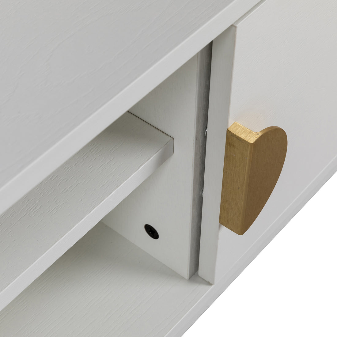 Close-up of the Colton Living Room Package in Cream White, showcasing a white cabinet with a gold heart-shaped pull handle, highlighting its modern design and elegant storage capability.