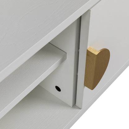 Close-up of the Colton Living Room Package in Cream White, showcasing a white cabinet with a gold heart-shaped pull handle, highlighting its modern design and elegant storage capability.