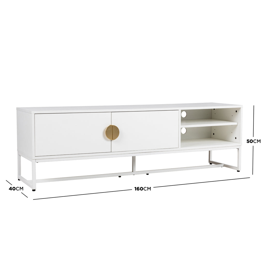 Landon 160cm TV Entertainment Unit in matte white, featuring two cabinet doors with large gold-tone handles on the left and two open shelves with cable-management holes on the right.