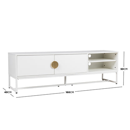 Landon 160cm TV Entertainment Unit in matte white, featuring two cabinet doors with large gold-tone handles on the left and two open shelves with cable-management holes on the right.