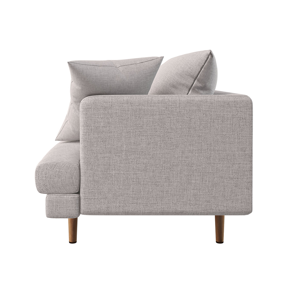 Side view of the Colton 5-Seater Fabric Sofa in Stone, showcasing its modern design, two loose back cushions, straight arms, and four tapered wooden legs, emphasizing its elegant and spacious comfort.