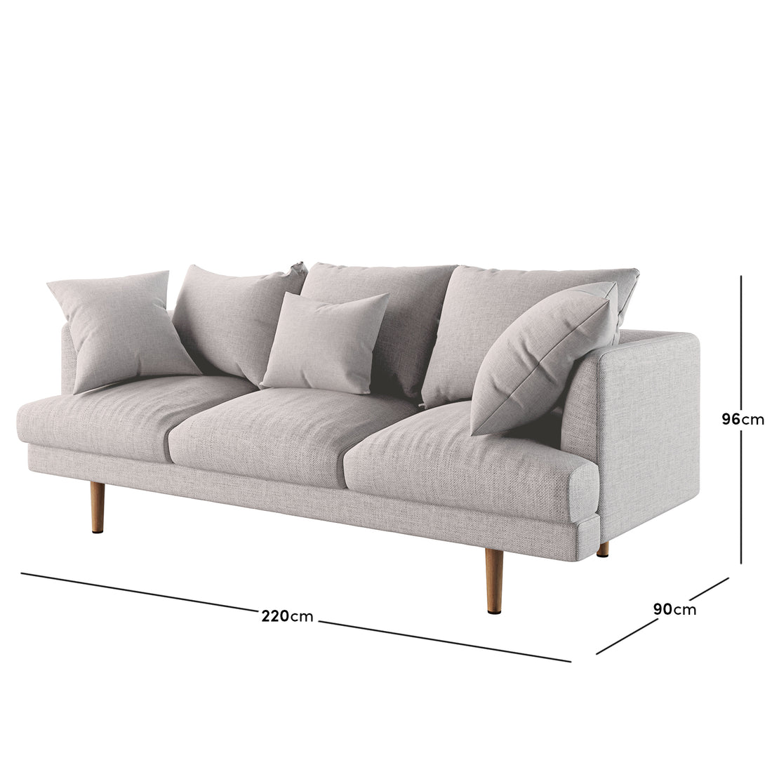 Colton 5-Seater Fabric Sofa in Stone features a modern design with light-gray woven fabric, three deep seat cushions, five loose back cushions, a square arm, and tapered wooden legs, ideal for contemporary spaces.