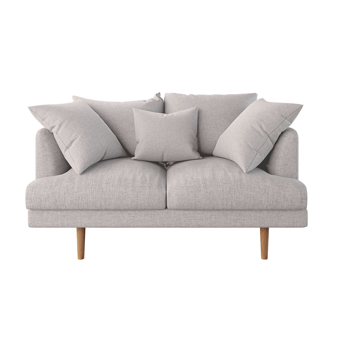 Colton 5-Seater Fabric Sofa in Stone, featuring a light gray woven upholstery, two-seat design, exposed wooden legs, and styled with five matching throw pillows against a plain backdrop.