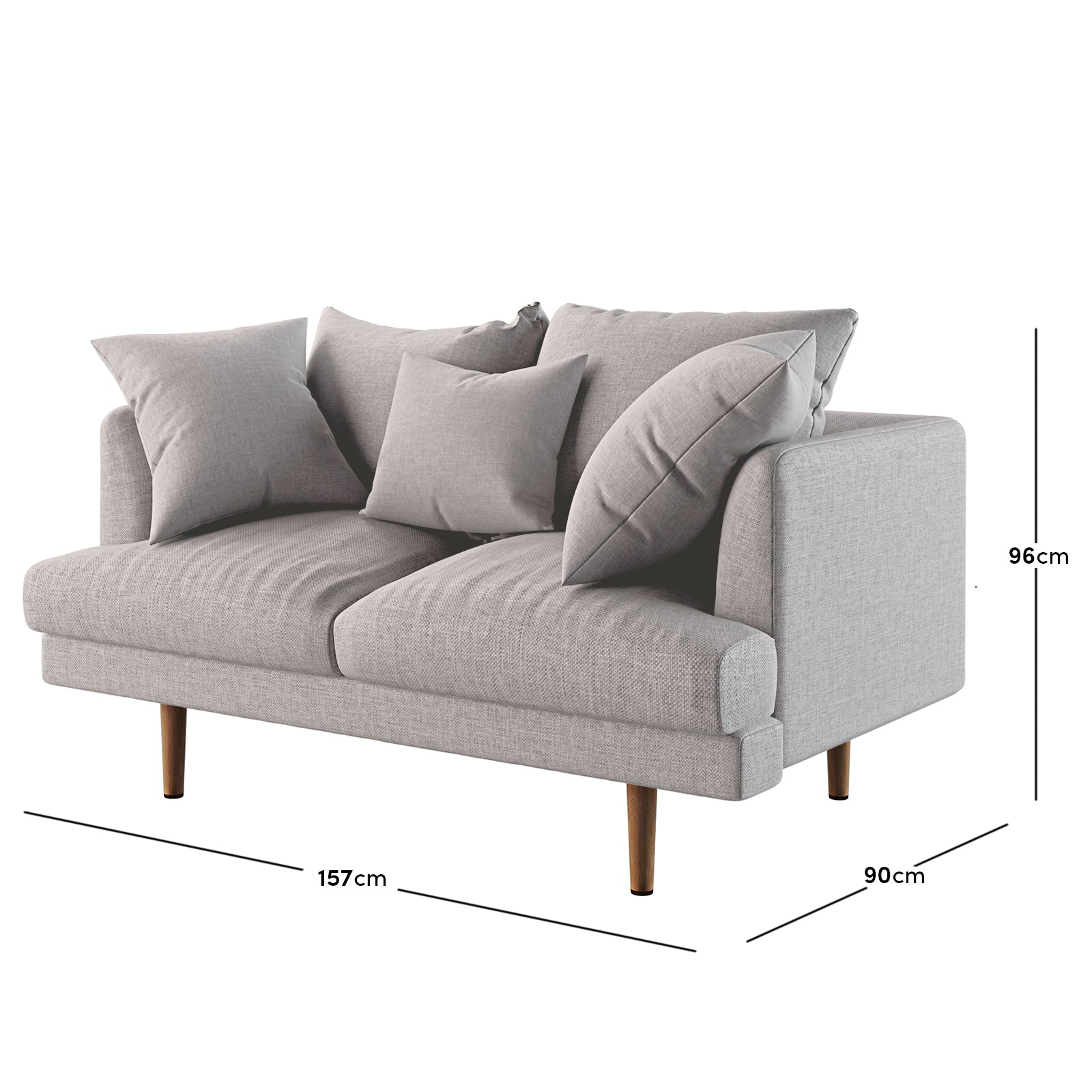 Colton 5-Seater Fabric Sofa in Stone features a modern two-seater loveseat in light grey fabric with four matching throw-pillows and tapered wooden legs, measuring 157 cm wide, 90 cm deep, and 96 cm tall.