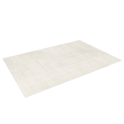 Colton 2 Seater Sofa with Rug features a cream white, minimalist design with a modern abstract rug showcasing semi-circular striped patterns, perfectly complementing contemporary living spaces.