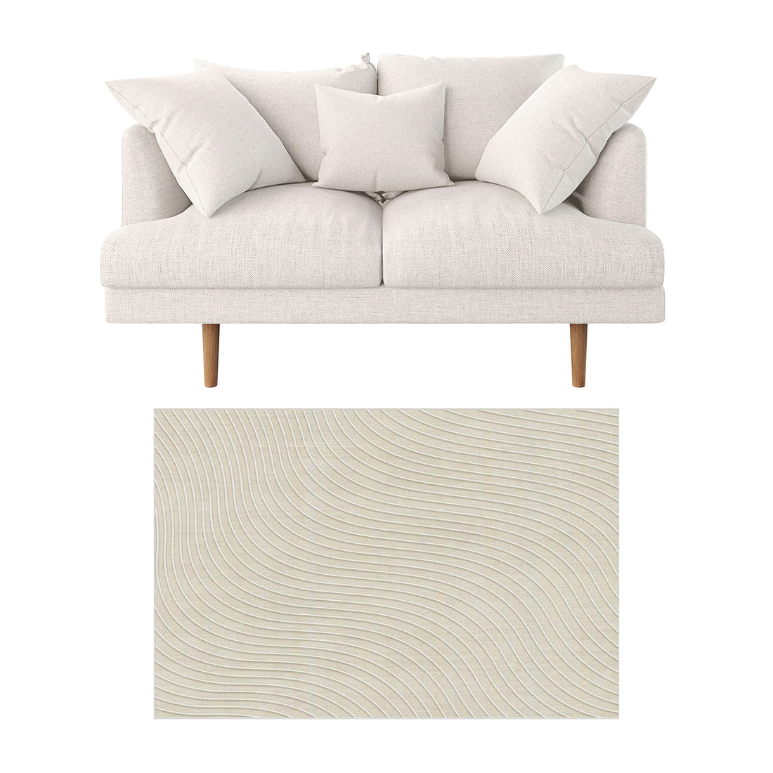 Colton 2 Seater Fabric Sofa with Rug - Cream White features a mid-century modern loveseat with exposed wood legs and loose cushions, paired with a tufted beige rectangular rug below.