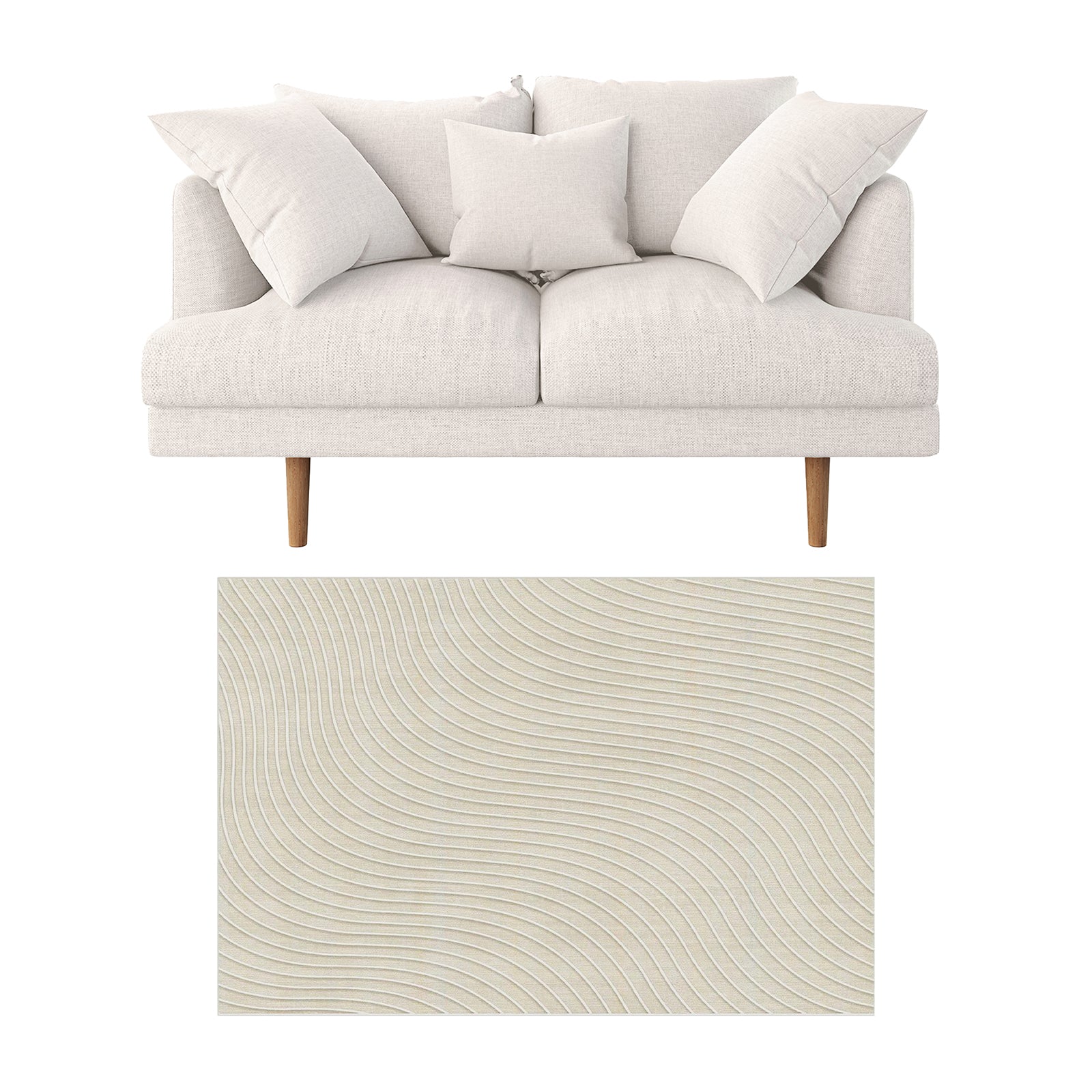 Colton 2 Seater Fabric Sofa with Rug - Cream White features a mid-century modern loveseat with exposed wood legs and loose cushions, paired with a tufted beige rectangular rug below.