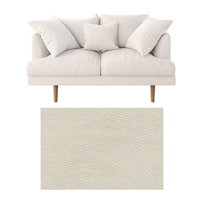 Colton 2 Seater Fabric Sofa with Rug - Cream White features a mid-century modern loveseat with exposed wood legs and loose cushions, paired with a tufted beige rectangular rug below.