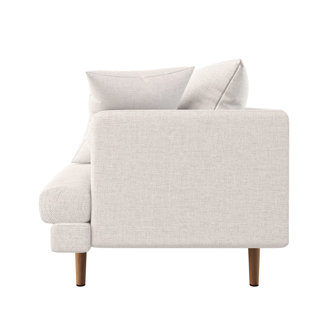 Colton 2 Seater Fabric Sofa with Rug - Cream White, showcasing a side view with straight lines, removable back cushions, slim wooden legs, and three throw pillows, ideal for modern interiors.