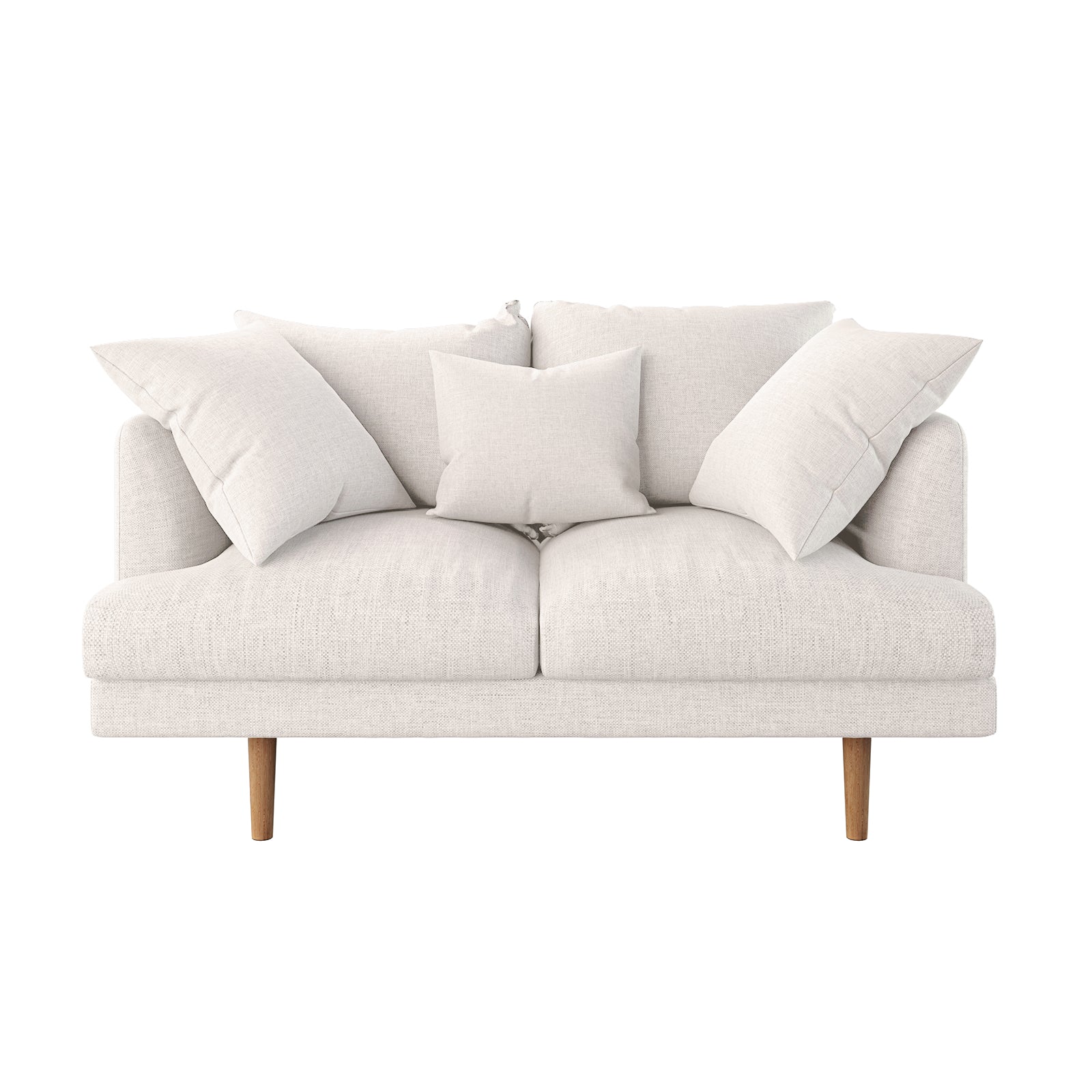 Colton 2 Seater Fabric Sofa with Rug - Cream White features a light off-white loveseat with two seat and back cushions, three throw pillows, all supported by slender wooden legs.
