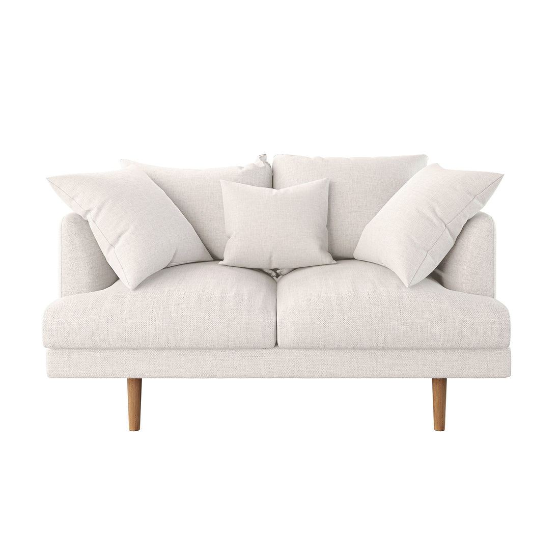 Colton 2 Seater Fabric Sofa with Rug - Cream White features a cream loveseat with plush cushions, three back pillows, and tapered wooden legs, offering a chic, contemporary aesthetic.